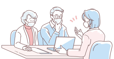マスクを付けて商談する高齢の夫婦とスーツの女性のイラスト
