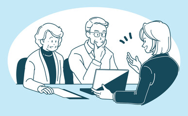 商談する高齢の夫婦とスーツの女性のイラスト