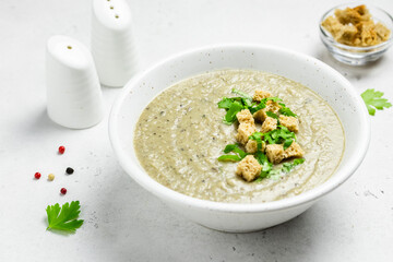 mushroom soup in a bowl.Copy space.