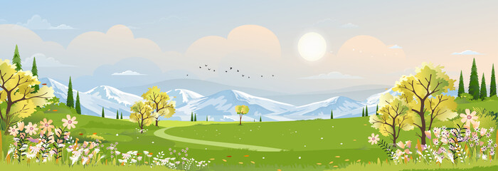 Spring landscape in village with green field and sunset,Vector cartoon Summer rural farmland with mountain,forest tree pink and blue sky in morning,Nature scene in countryside view on sunny day Summer