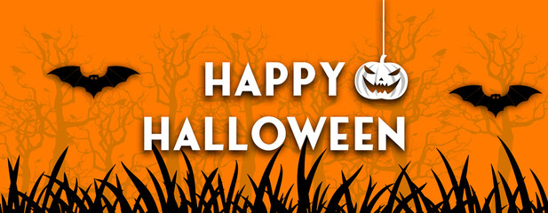Happy Halloween banner with halloween theme scary pumkins, bat and trees
