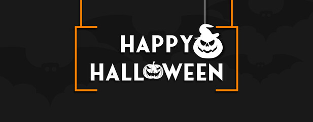 Fototapeta premium Dark Happy Halloween banner with halloween theme scary pumkins and bat, isolated poster