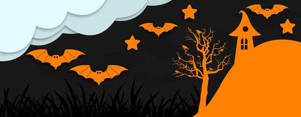 Happy Halloween Background with paper cut clouds, halloween theme house, bat and trees