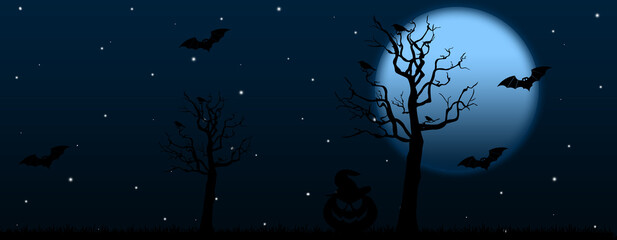 Happy halloween cool night sky with moon and stars. Halloween tree scene isolated background