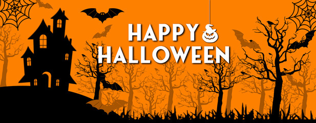 Orange Haloween party banner with scary house in jungle with bats and spider webs