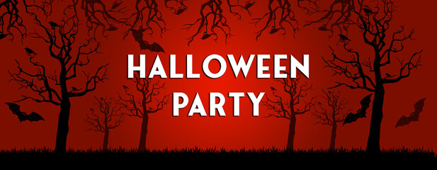 Halloween party spooky night time scene in jungle. Scary red background