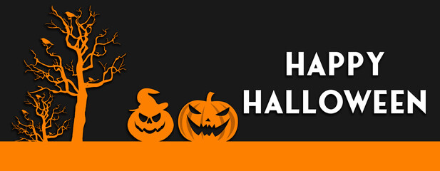 Isolated happy halloween text dark poster with haloween pumpkins ghosts