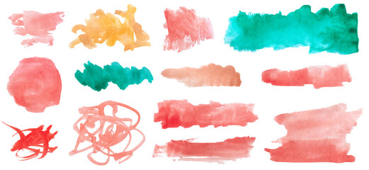 Colorful watercolor spots isolated on white background. Brush strokes doodles. Colored aquarelle sample. Hand drawn watercolour splotch. Vector set
