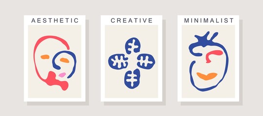 Surreal portraits. Three trendy posters in contemporary minimalistic style. Abstract illustrations inspired by Matisse graphics. Vector template