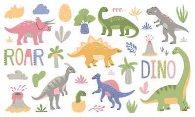 Set van verschillende cartoon dinosaurussen met tropische planten, palmbomen, vulkaan en DINO inscriptie. Leuke kleurrijke dieren geïsoleerd op een witte achtergrond. Hand getekend trendy moderne platte vectorillustratie.