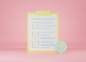 Clipboard checklist, survey paper list check marks report document on pink background, sign symbol...