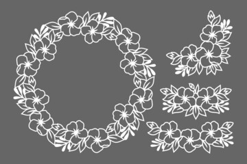 Paper Crafts Set of floral wreath, flower border and floral corner, Spring flowers wreath. Circle monogram line drawing vector illustration