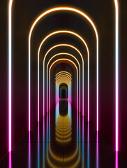 3D abstract futuristic background with a neon lights tunnel in the dark 3d illustration