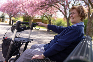 Fototapeta na wymiar Seniorin sitzt allein im Park im Frühling auf einer Bank , den Rollator neben sich