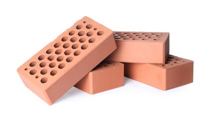 Pile of red bricks on white background. Building material