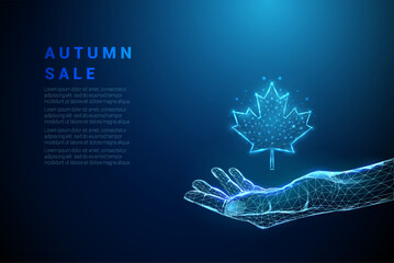 Abstract blue giving hand with maple leaf