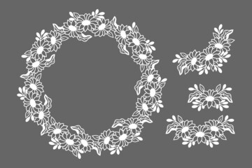 Paper Crafts set of sunflowers wreath, flower border and floral corner, Sunflowers Wreath circle monogram line drawing vector illustration