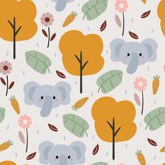 Seamless pattern with cute cartoon elephant and plant for fabric print, textile, gift wrapping paper. colorful vector for textile, flat style