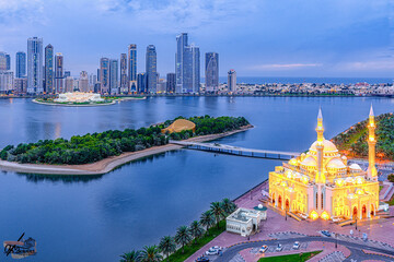 Beautiful view of Al Noor Mosque and the cityscape of Sharjah