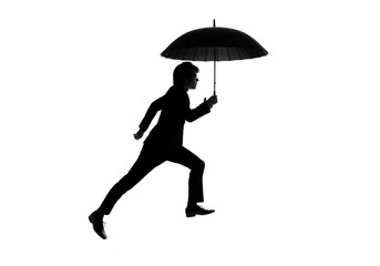 傘を持ってジャンプする男性　シルエット