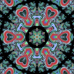 Sophisticated spiritual digital art kaleidoscope abstract background. mandala glitch energy levels chemistry effect macro 3d pattern with red hearts and green floral elements