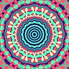 Abstract geometric kaleidoscope background with mint green and purple lines and pink shapes. Chemistry hypnotic psychedelic tunnel pattern with simple clean structure. Party science fiction motion.