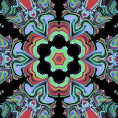 Floral energetic dynamic motion kaleidoscope abstract glitch space technology square background fractal spiritual ornament with vibrant colors and unique edges hexagon