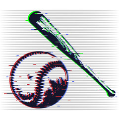 Baseball bat and ball. Distorted picture with noise. Illustration for t-shirt, poster, flyer.