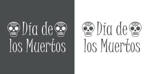 Banner con texto Día de los muertos en español con calavera en fondo gris y fondo blanco