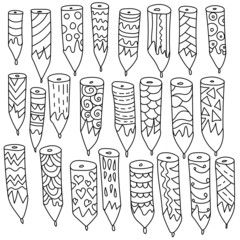 Doodle style outline pencil set, ornate office supplies
