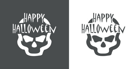 Banner con texto Happy Halloween con calavera en fondo gris y fondo blanco