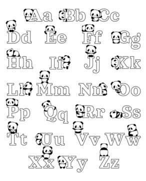Panda bear animal. Black and white english alphabet with cute pandas. Vector illustration on white background.