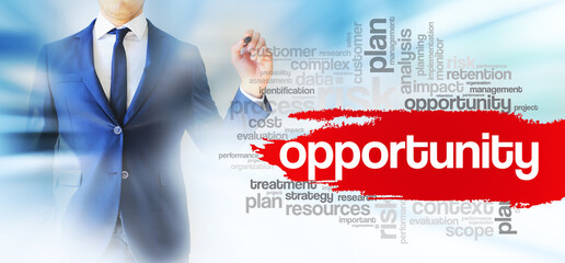 Businessman shows Opportunity word cloud, business concept background