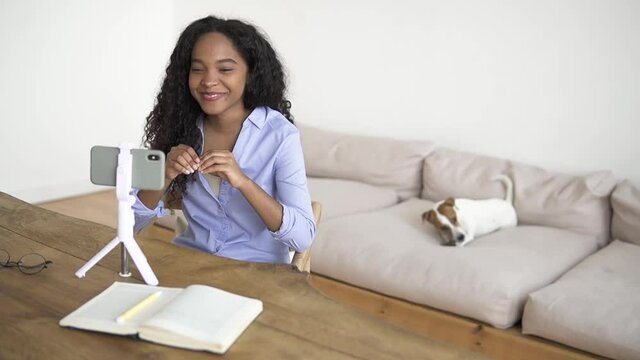 Home Education 18 Years Old Girl. Epspb Smiling Black Teenage Curly Haired Girl With Curly Hair Talks To Teacher At Videocall While Dog Chews Bone On Sofa