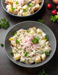 Potato salad with celery, green onion, radish, dill and eggs