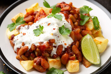 Spicy Bean Chilli with Baked Potato, sour cream and lime. Healthy Food