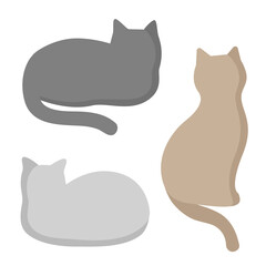 Three cute cartoon cats. Set of cats silhouettes in natural colors. Stylish pet logo. Flat cartoon style. Hand drawn vector illustration.