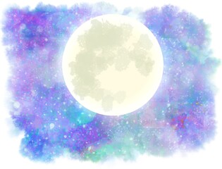 大きな月　夜空　水彩
