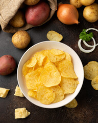 Potato Chips with cheese and onion in white bowl on rustic background