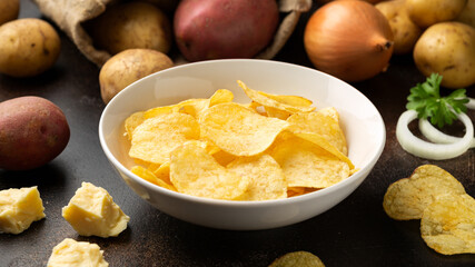 Potato Chips with cheese and onion in white bowl on rustic background