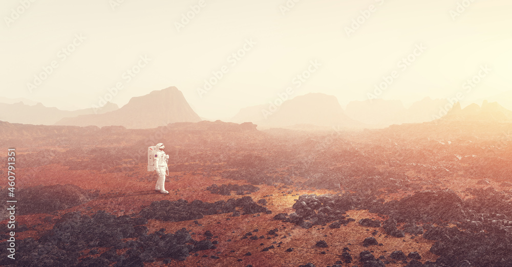 Poster astronaut doing space walk and explore planet such as mars.