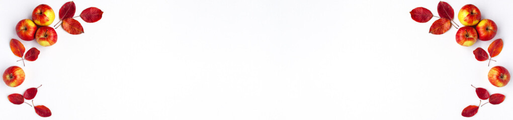 Flat lay top view banner template of red yellow apples and vibrant autumn leaves of the left and right on white background. Healthy organic autumn food and still life concept with copy space