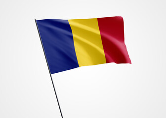 Romania flag flying high in the white isolated background. May 10 Romania independence day World national flag collection world national flag collection