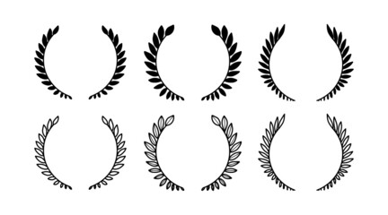 Fototapeta premium Laurel wreath. Set of outline and silhouette vector hand drawn laurel wreaths isolated on white background. Doodle style. Outline and silhouette floral frames.