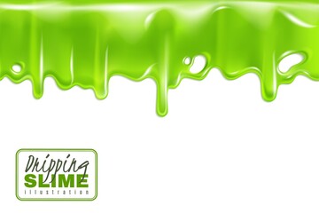 Green slime dripping. Toxic drips slimy isolated on white background, goo flow and mucus fluid. Liquid decoration borders 3d halloween frame. Banner or poster vector realistic illustration