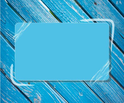 Blue Frame With Brush Strokes For Mockup On Wooden Background, Template For Design