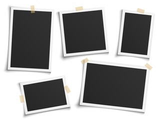 Photo frames realistic. Empty white photos frame vintage with adhesive tapes. Images different forms on wall, blank retro memory album. Wall collage photography mockup vector isolated set - obrazy, fototapety, plakaty