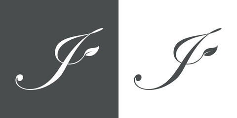 Logotipo letra inicial I con hojas de planta en fondo gris y fondo blanco - obrazy, fototapety, plakaty