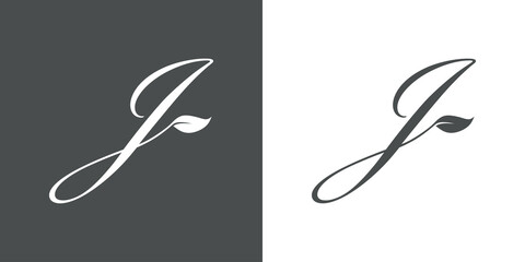 Logotipo letra inicial J con hojas de planta en fondo gris y fondo blanco - obrazy, fototapety, plakaty