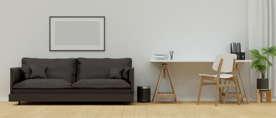 Modern cozy living room interior with minimalist workspace, comfy black sofa